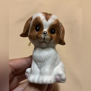 Brown and White Porcelain Puppy Dog Christmas Bell Ornament Small